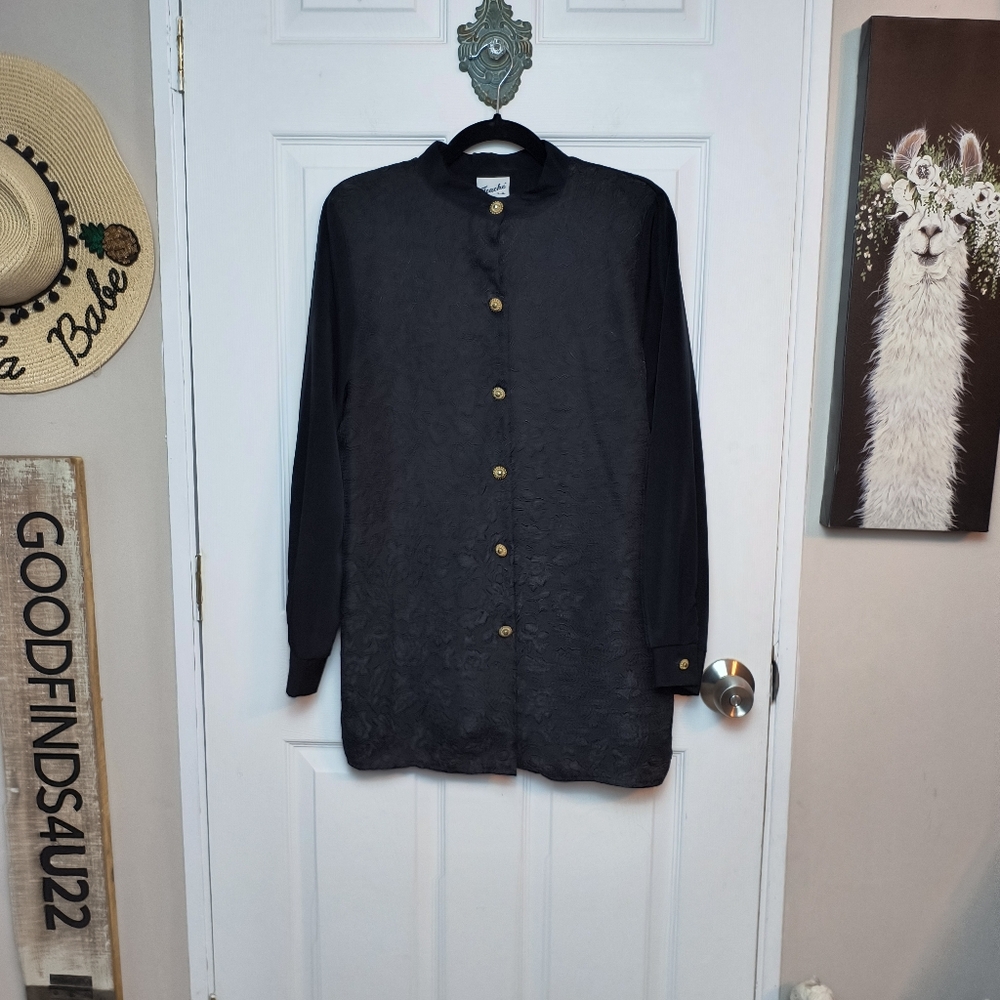 Vintage Touche LA Women's Elegant black Floral Textured Button Down Gold Button